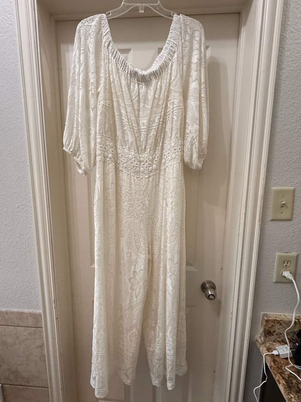 Anthropologie Cream Textured Peasant Jumpsuit